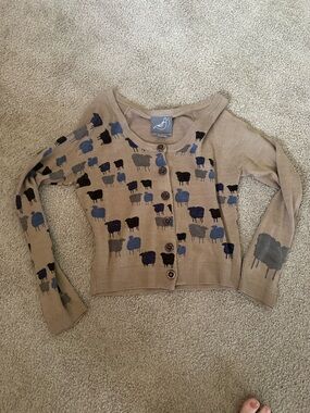 Knitted Dove Women’s Large Sheep-Print Beige Button-Front Cardigan